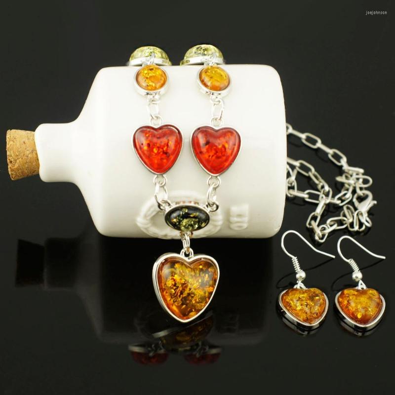 

Necklace Earrings Set Elegant Multicolor Heart Simulated Imitation Baltic Pendant Beautiful Earring Women's Wedding Jewelry L60201, Picture shown