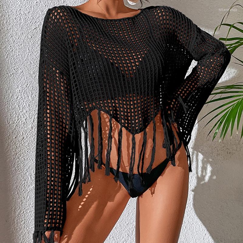 

Women's Swimwear Bikini Cover Up For Women Knitted Crochet Top Flare Sleeve Tassel Bathing Suits Seaside Sexy Solid Beach Wear, Color 2