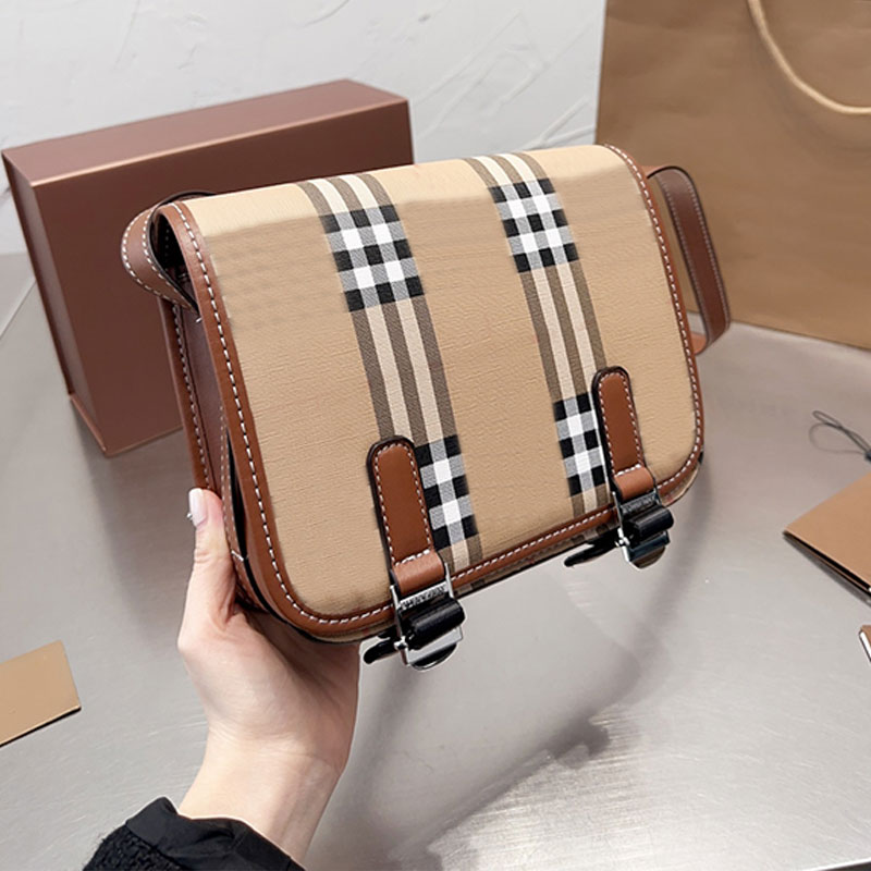

Designer Bag Classic Check Crossbody Messenger Bag Double Buckle Flap Luxury Shoulder Bags Women Handbags Canvas Leather Tote Bag Purse Long Strap Silver Hardware, Brown 1