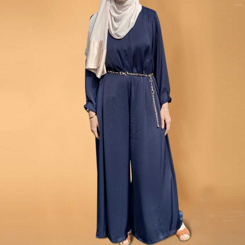 

Ethnic Clothing Fashion Muslim Jumpsuit 2023 Women Casual Soft Loose Satin Islamic Abaya Clothes Pants Long Sleeve Solid