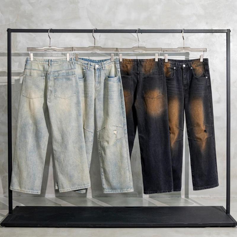 

Men's Jeans 2023Spring Summer High Street Vintage Man Straight Bleached Hole Loose Spliced Retro Casual Denim Trousers Tide, Beige