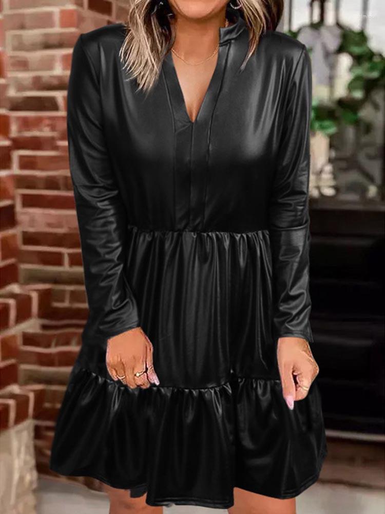 

Casual Dresses Sexy PU Leather V Neck For Women 2023 Pocket Ruffled Long Sleeve Mini Dress Draped Waist Tunic, Black