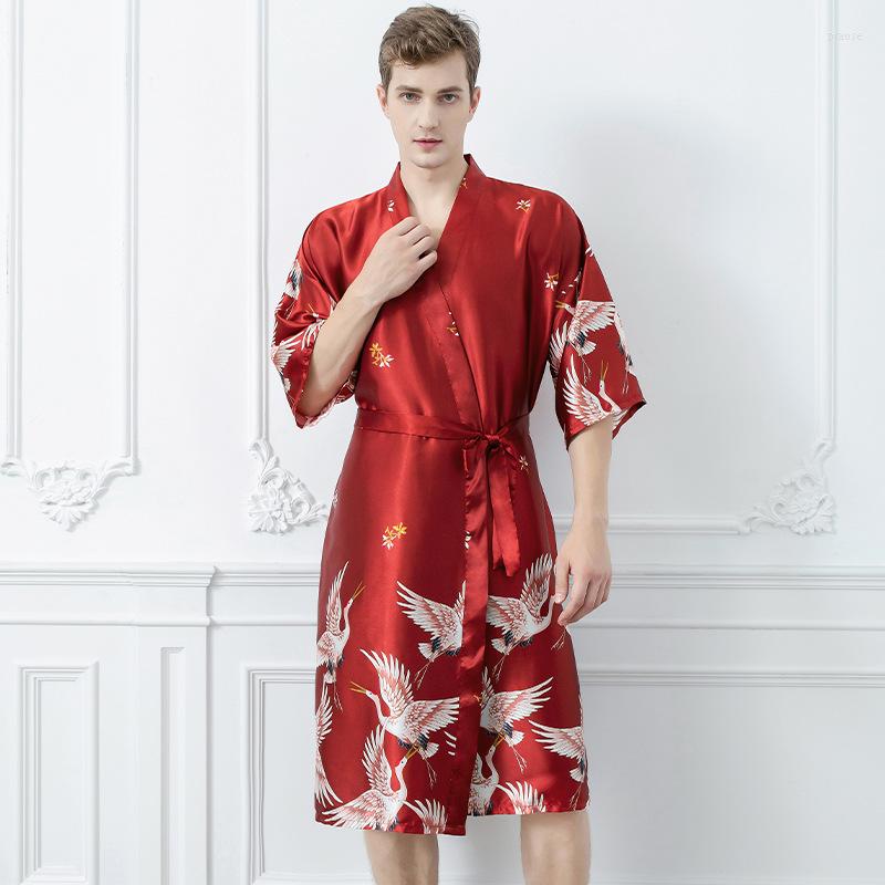 

Men's Sleepwear Silk Kimono Chinese Bathrobe Stylish Lucky Print Gown Homewear Men Loungewear Pajamas Sleeves Dragon Robe Half, Gray women
