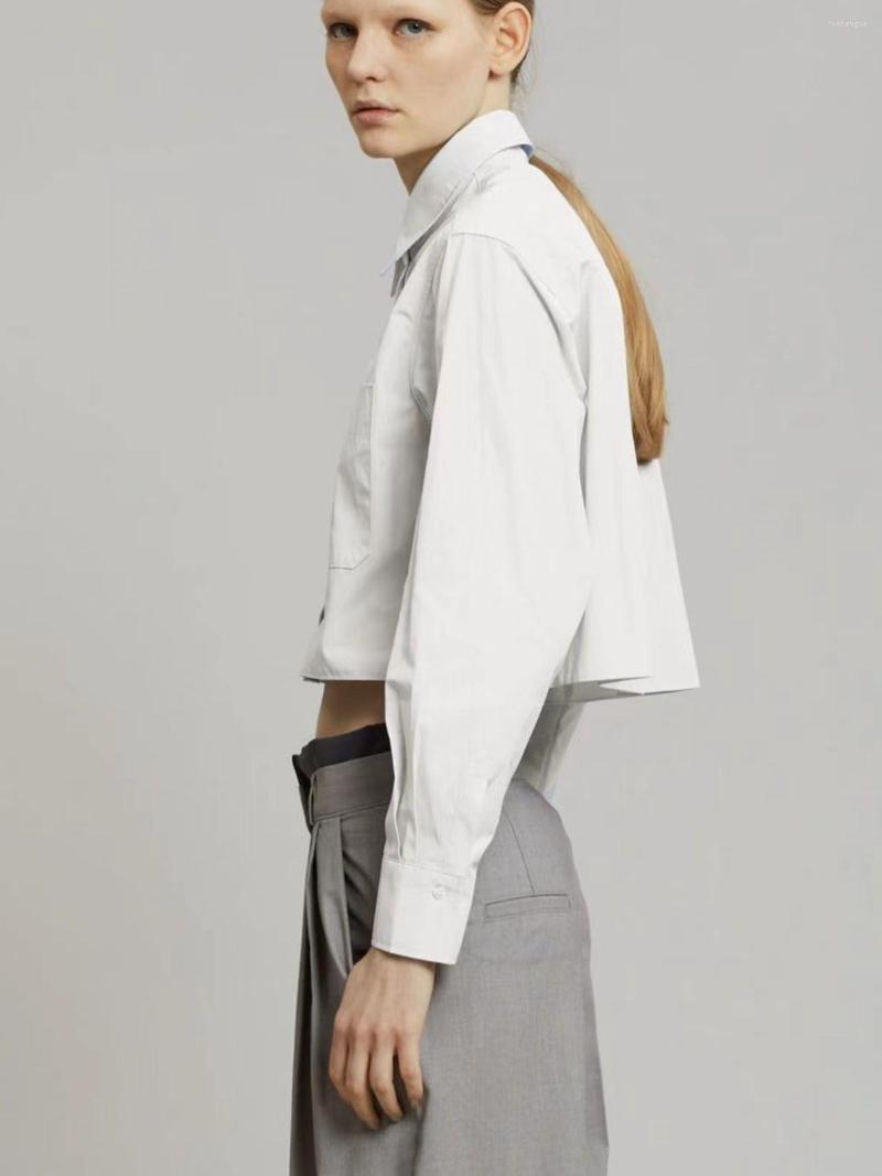 

Women's Blouses White Blue Short Shirts For Women High Waist Open Umbilical Blouse 2023 Spring Ladies Turn-down Collar Tops