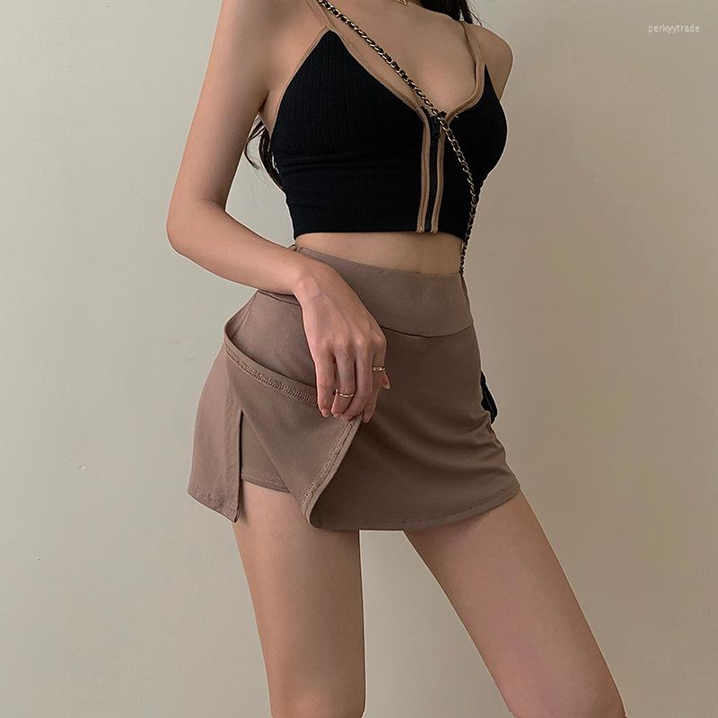 

Skirts Gothic Y2k Mini Skirt Korean Fashion Casual Vinatge Summer Irregular Split High Waist Elastic Sports Women, Black