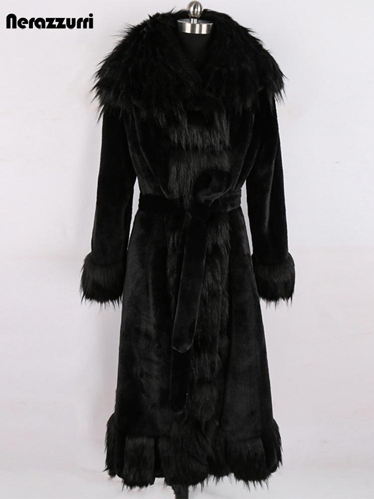

Fur Nerazzurri Winter Long Orange Warm Thick Soft Fluffy Faux Fur Coat with Fur Trim Belt Elegant Luxury Retro European Fashion 2021, Black