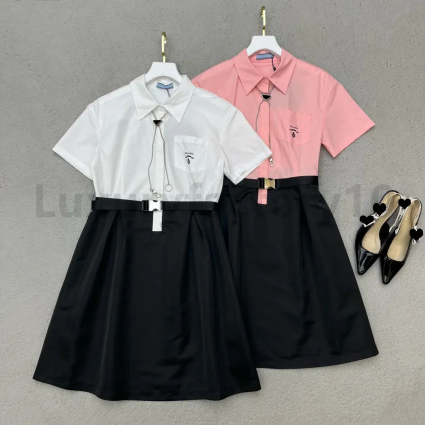 

Women Outdoor Dresses Triangle Chain Tie Dress College Clothes Adjustable Waistband Embroidered Letter Formal Short Skirts SML, White