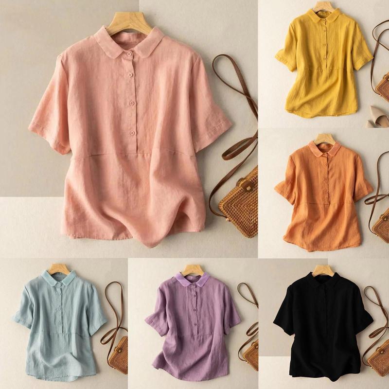 

Women's Blouses Loose Cotton And Linen Summer Casual Outdoor Tee Shirt Business Elegant Work Wear Turn Down Collar Button, Blue