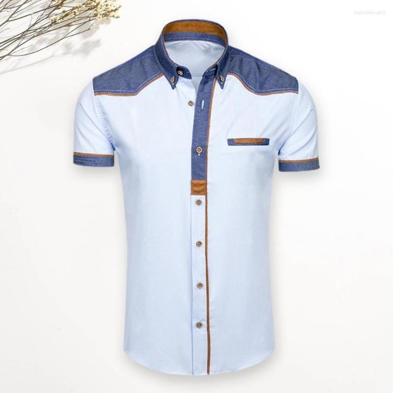 

Men's Casual Shirts Men Summer Shirt Lapel Short Sleeve Stitching Top Contrast Color Stand Collar Trendy Mid Length, Black