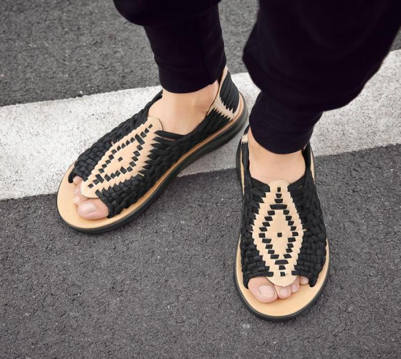 

Large size Men knit sandal slip on beach shoes patchwork summer casual sandals peep toe shoes z1677579267, Black