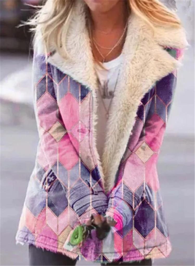 

Leather 2021 new product lapel printed singlebreasted longsleeved plush jacket women's cottonpadded jacket, Pink