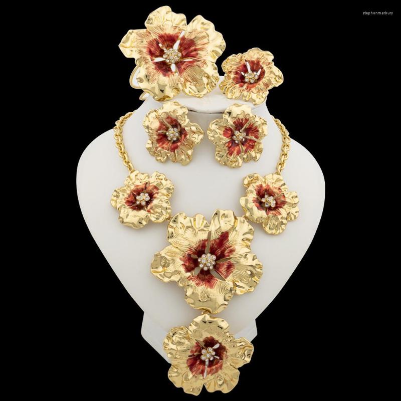 

Necklace Earrings Set Fashion Jewelry For Women Blooming Flowers Long And Big Anniversary Weddings Accessory, Picture shown
