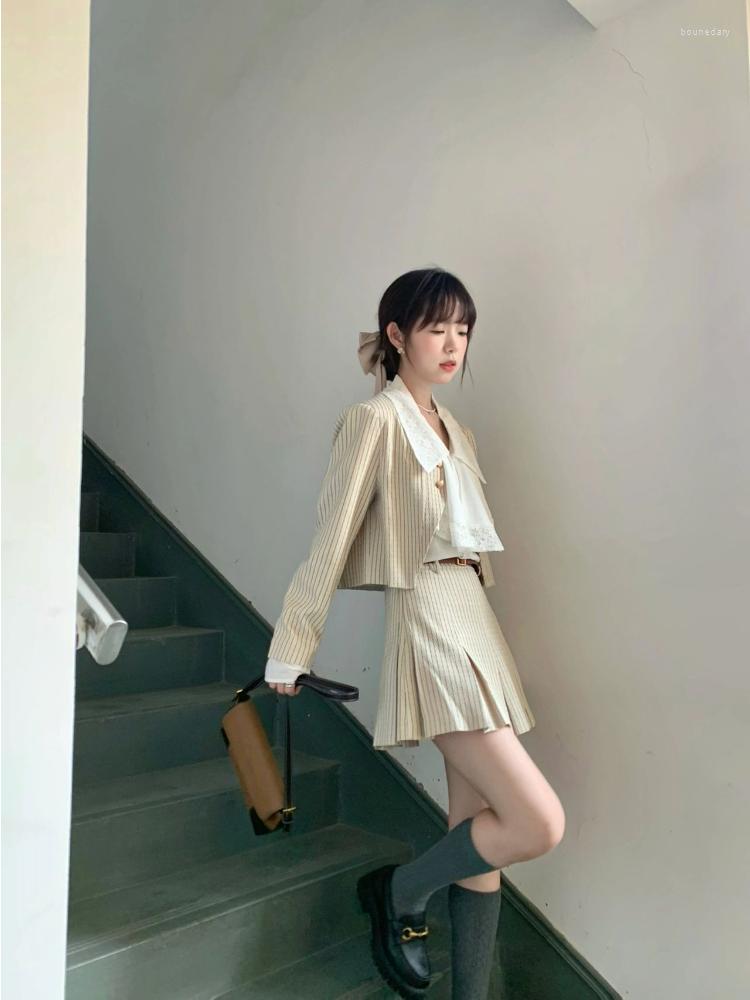 

Two Piece Dress UNXX Korean Retro Women Stripe Short Suit Coat Pleated Skirt Premium Spring Fashion Set High Street Suits, Khaki