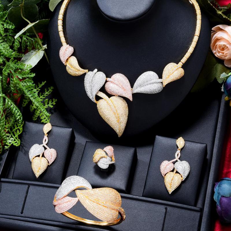 

Necklace Earrings Set GODKI BIG Fashion Luxury 4PCS Tricolor Leaf African Jewelry For Women Wedding Party Zirconia Dubai Bridal, Picture shown