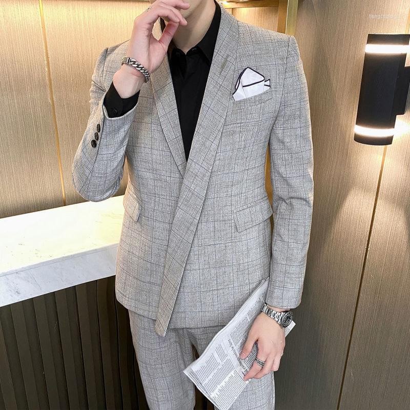 

Men's Suits Asymmetry Blazer Spring High Quality Personalized Lattice Suit Wedding Dress Two Piece Men Tuxedo Smoking Uomo, Khaki