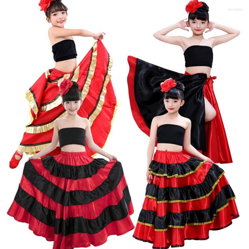 

Stage Wear Girl's Flamenco Spanish Traditional Dance Dress Gypsy Style Large Swing Skirt Performance Costume Kid Belly, One vest