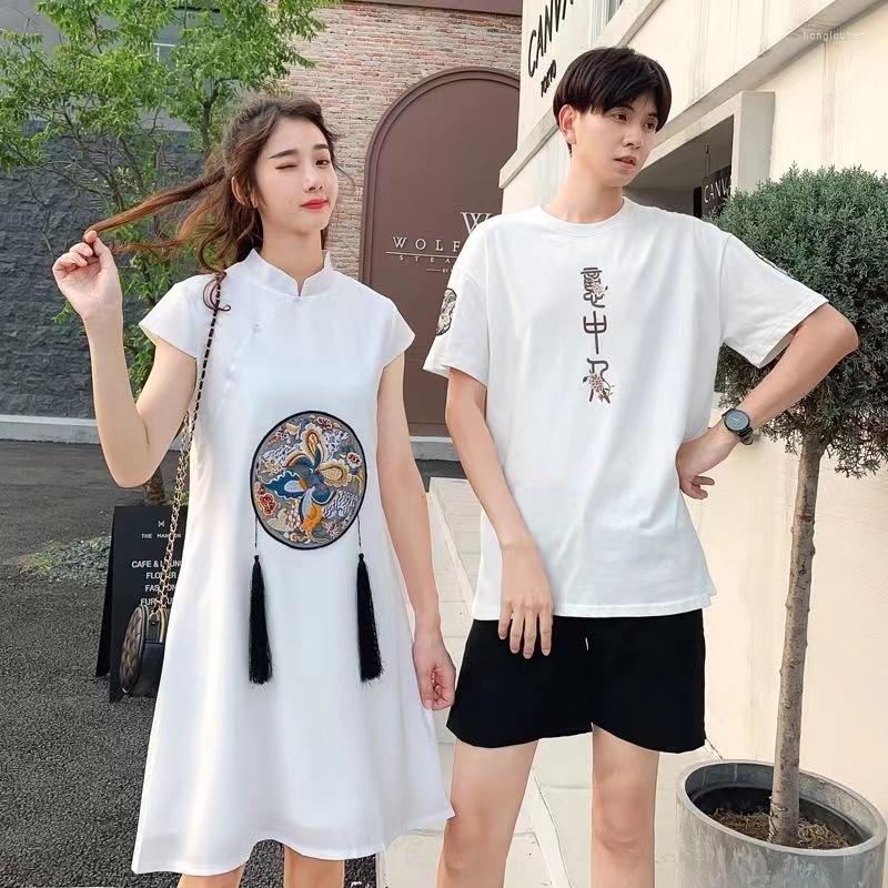 

Ethnic Clothing 2023 Spring Summer Chinese Style Tassel Dress T-shirt Short-Sleeved Embroidery Vintage Cheongsam White Traditional National