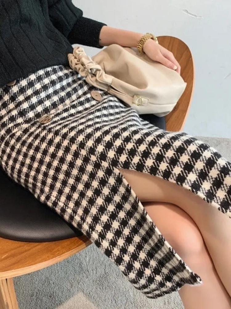 

Dresses Spring Autumn Office Pencil Skirt New Slimfit Plaid Knit Skirt Women Elegant Bodycon Hip Skirt Female Sexy Winter Slit Skirts, Black