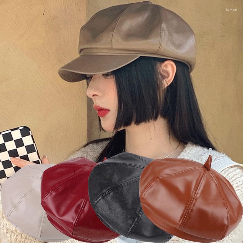 

Berets Fashion Leather Sboy Cap Quality Artist PU Female Korean Octagonal Spring Winter Casual Beret Women Flat Hat, Khaki