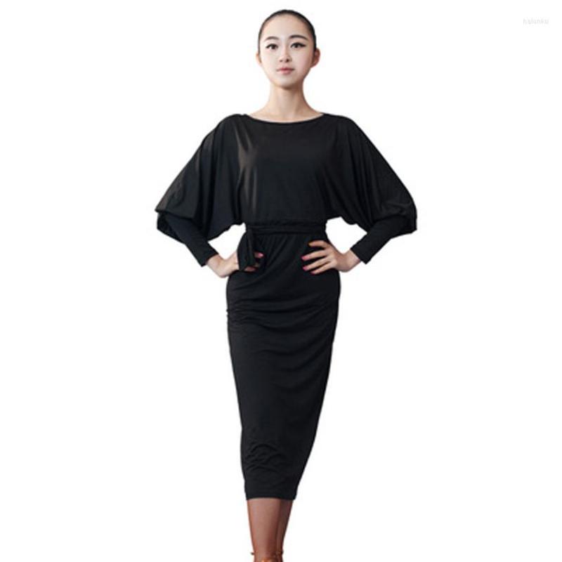 

Stage Wear Latin Dance Bat Sleeve Long Skirt Open Back Split Practice Oblique Shoulder Dress Women's, Black