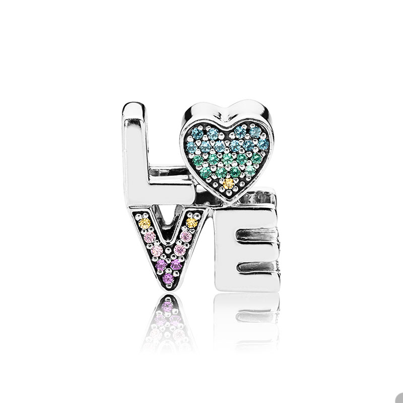 

Rainbow Pave Love Hearts Charm 925 Sterling Silver for Pandora Snake Chain Bracelet Making Accessories Womens Bangle Jewelry Findings Charms with Original Box