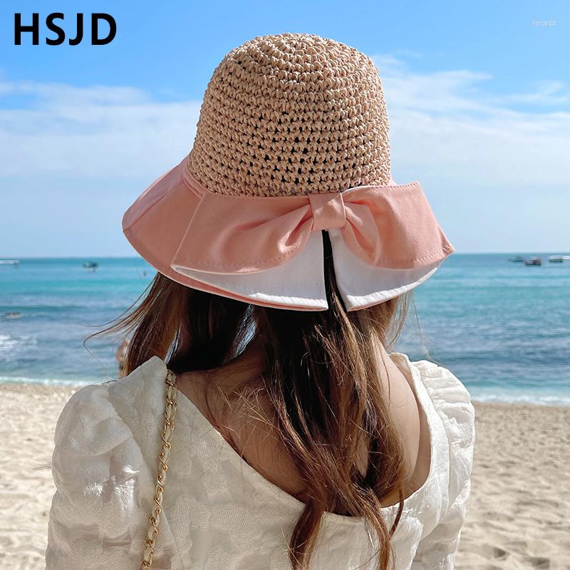 

Wide Brim Hats Handmade Crochet Straw Sun Bow Women's Summer Visor Holiday Cool Hat Foldable Anti-UV Panama Beach Cap, Pink