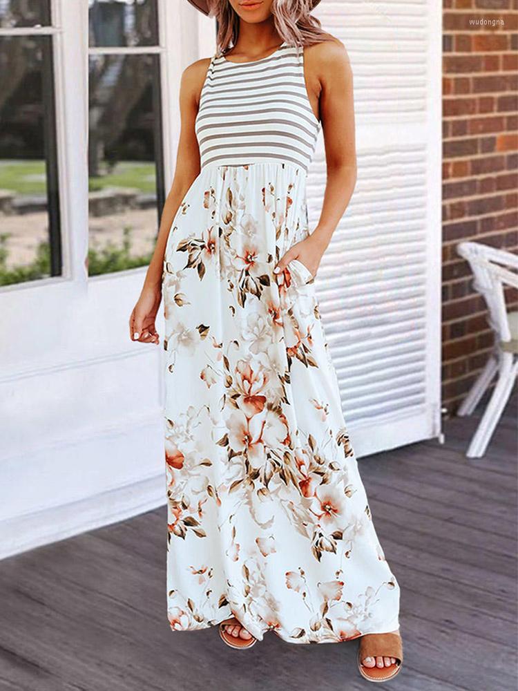 

Casual Dresses Women' Floral Print Striped Patchwork Maxi Dress With Pockets Sleeveless Loose Boho Long Summer Beach
