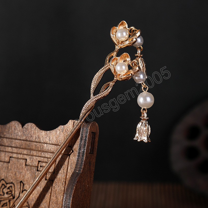 

Retro Flowers Pendant Hair Sticks Women Gold Silver Color Imitation Pearls Flowers Tassels Hairpins Headdress Hair Accessories