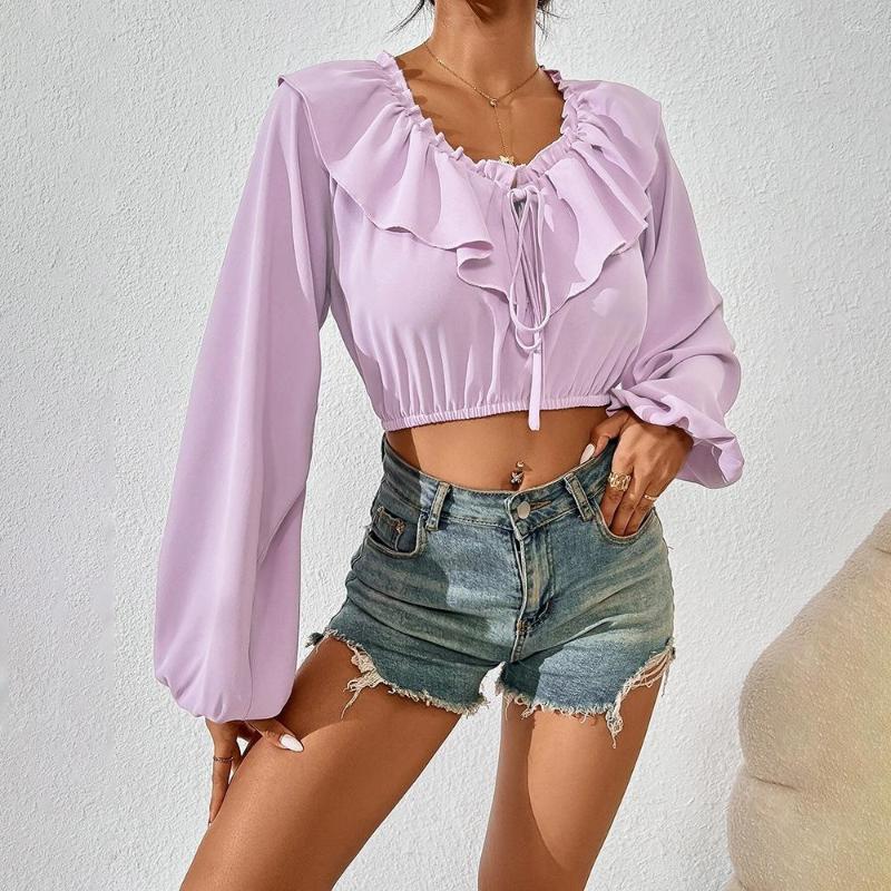 

Women' Blouses Wepbel Summer For Women Ruffled Collar Puff Sleeve Exposed Navel Shirt Long Top O-neck Short Tops, Light purple
