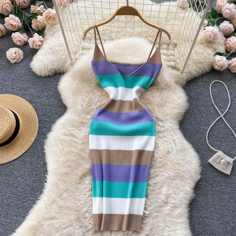 

Casual Dresses Sexy V-neck Stripe Off Shoulder Knit Slip Dress Chic Vintage Fashion Beach Vacation Women Slim Pencil Vestidos, Green