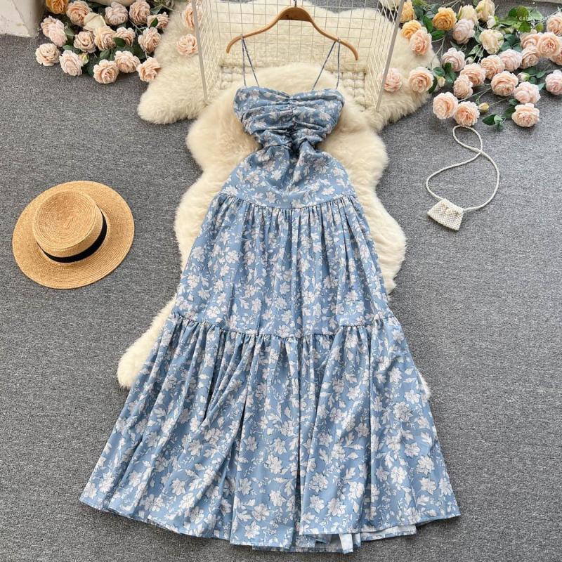 

Casual Dresses Sexy Slip A-line Dress Women's French Vintage Floral Print Summer Sleeveless Seaside Clothes Vestidos De Fiesta J834, Blue