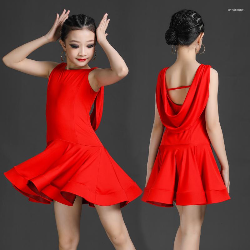 

Stage Wear Children Latin Dance Dress Girls Summer Sleeveless Professional Competition Performance Training Costumes Siamese Costume, Red