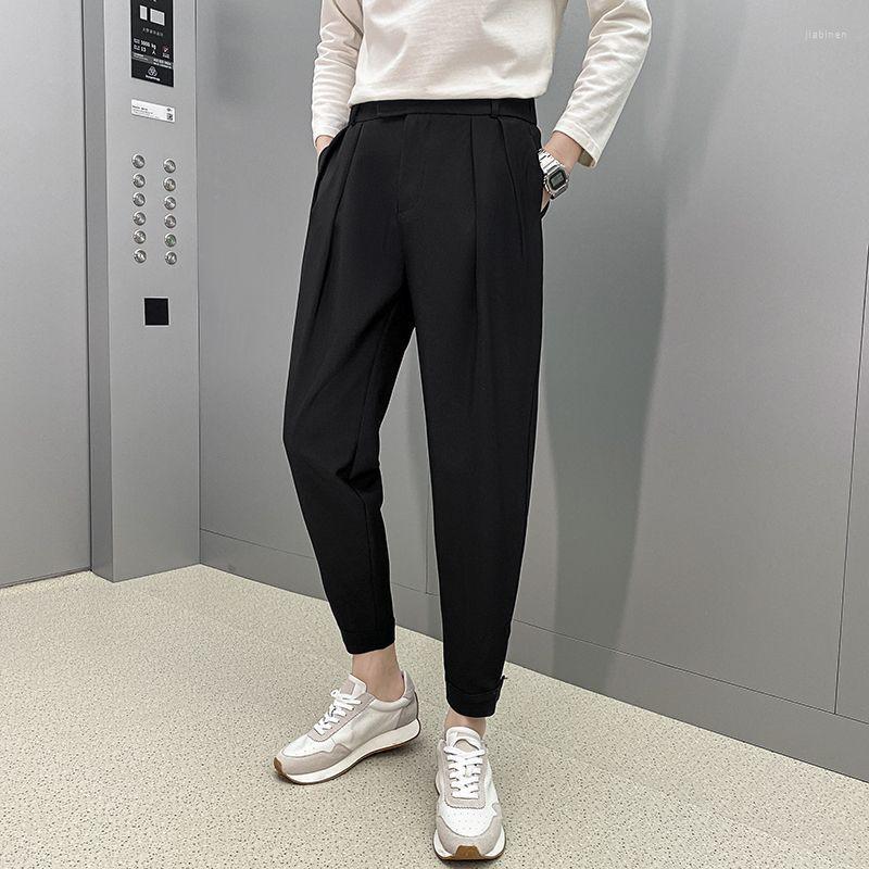 

Men's Suits Fashion Spring Summer Pants Men Tapered Bottom Slit Trousers Casual Man Elastic Waist Small Feet Slim Harmen A48, Black