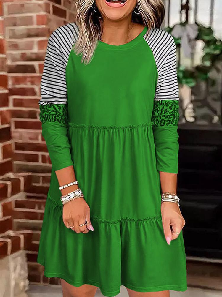 

Casual Dresses Women' Ruffled Long Sleeve Round Neck Color Matching Leopard Pattern Fashion Autumn Winter Dress Loose Green, Picture shown