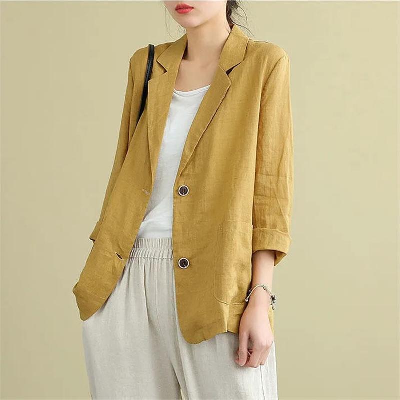 

Pants women Fashion Solid Cotton And Linen Suits Jacket Spring And Autumn 2022 Summer New Thin ThreeQuarter Sleeve Sunscreen Blazer, Pink