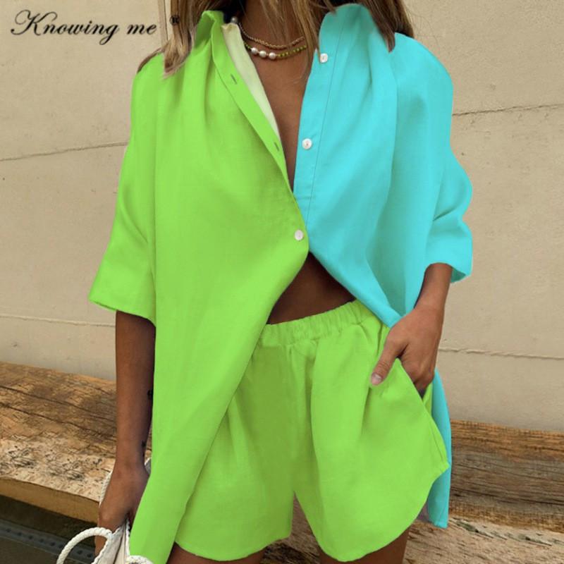 

Dress WOMEN PATCHWORK COLOR TWO PIECE SET 2022 SUMMER LOOSE TURN DOWN COLLAR SHIRT TOP + SHORTS SUIT LADIES CASUAL 2 PIECE OUTFIT SET, Fluorescence