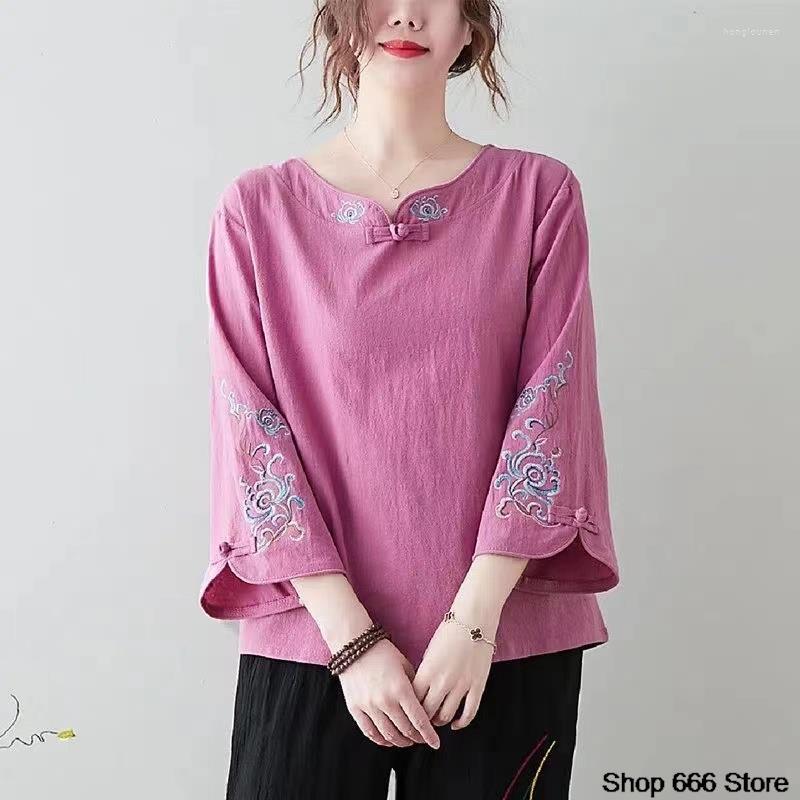

Ethnic Clothing Spring And Summer Chinese Style Button Cotton T-shirt Plain Color Literary Artistic Retro Embroidered Hanfu
