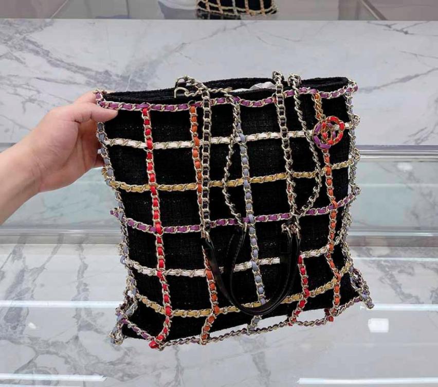 

36cm Women Multi Chain Shopping Bags Black Tweed Handle Handbags Designers Multicolor Metal Interlaced With Leather Chains Shoulde8948726