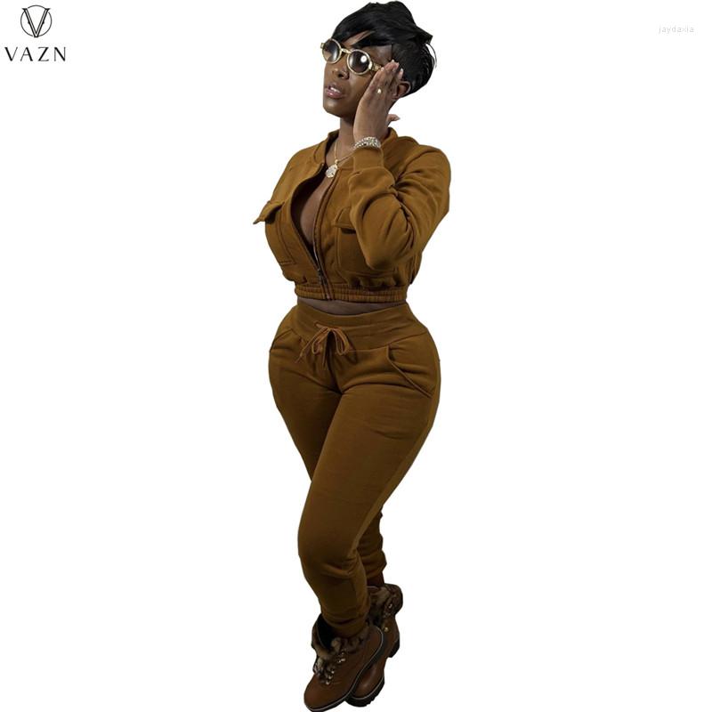 

Women's Two Piece Pants VAZN 2023 Fashion Women Suit Street Casual Style Long Sleeve Zipper Top Elastic Pure Color Lady Set, Black