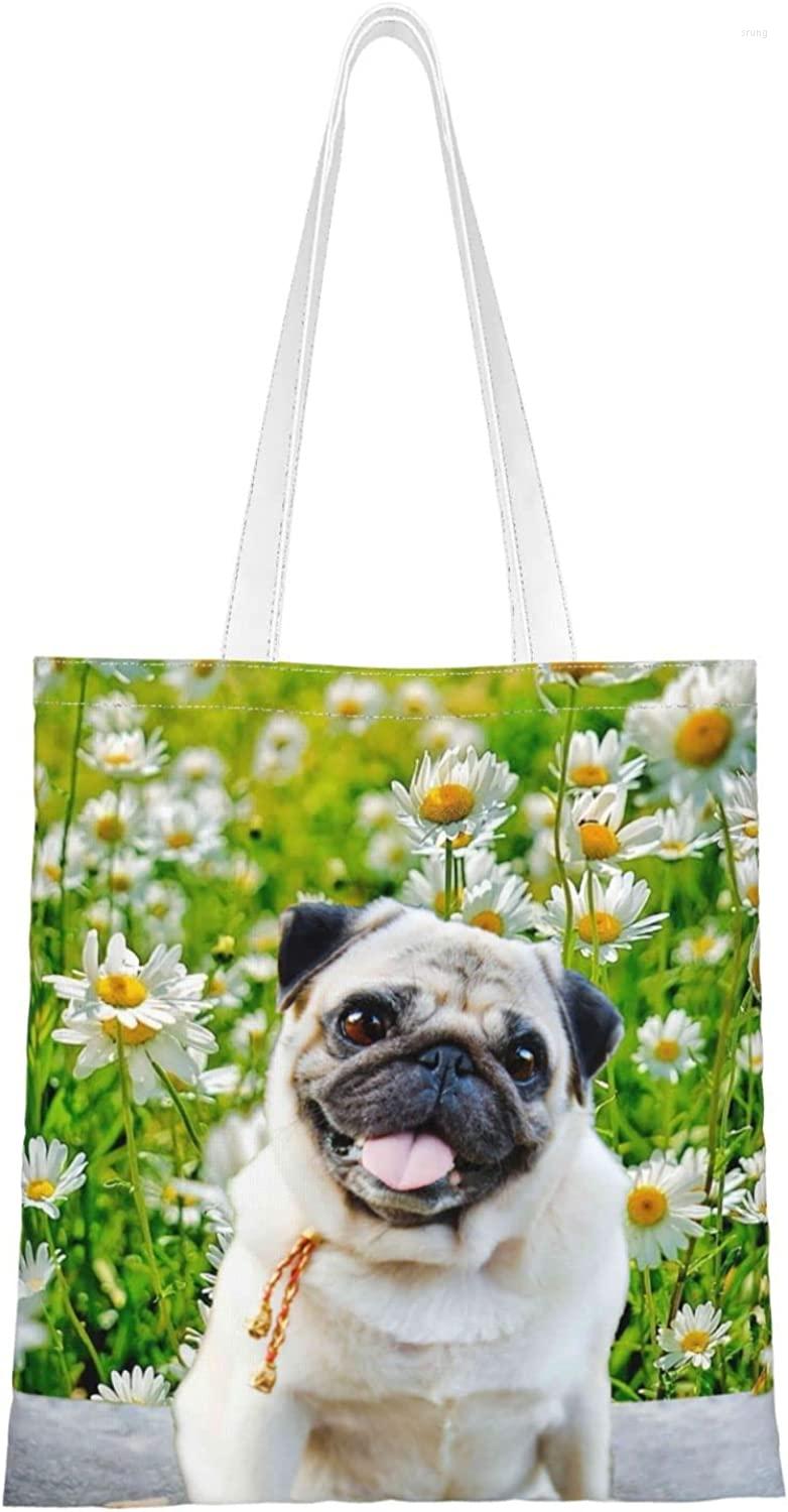 

Shopping Bags Pug Daisy Canvas Tote Bag Reusable Grocery Handbag For School Market Camping, 5e5re