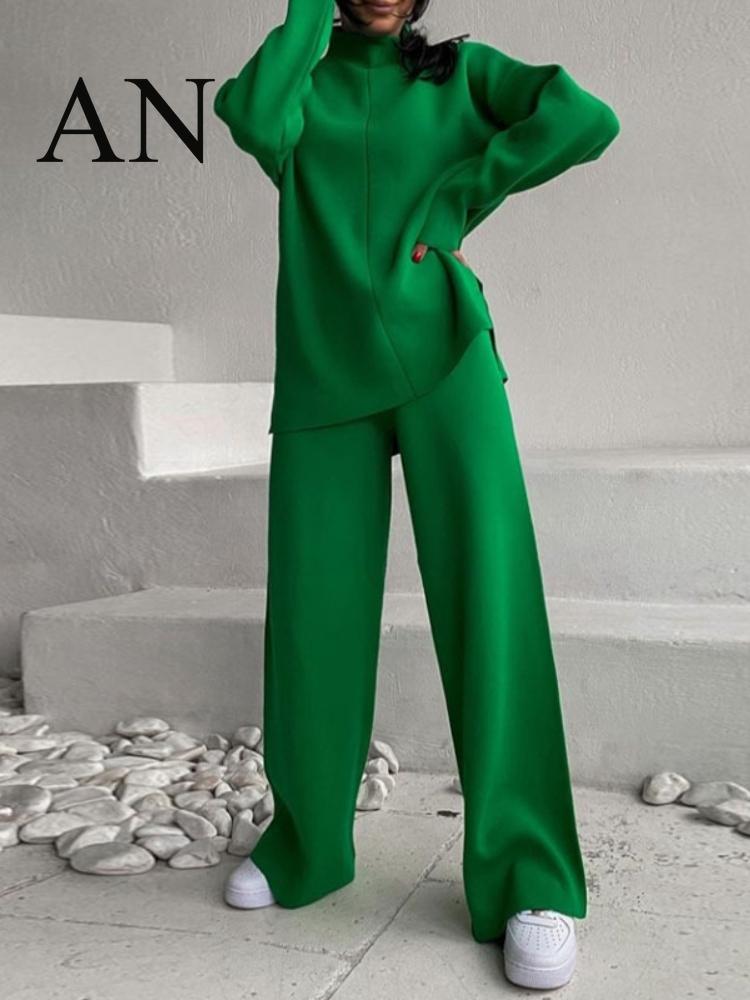 

Pants 2022 AUTUMN AND WINTER SOLID COLOR LONG SLEEVE LOOSE CASUAL SWEATER KNITTED TOP PANTS SUIT WOMEN WOMEN'S SWEATER FEMALE SET, Green suit
