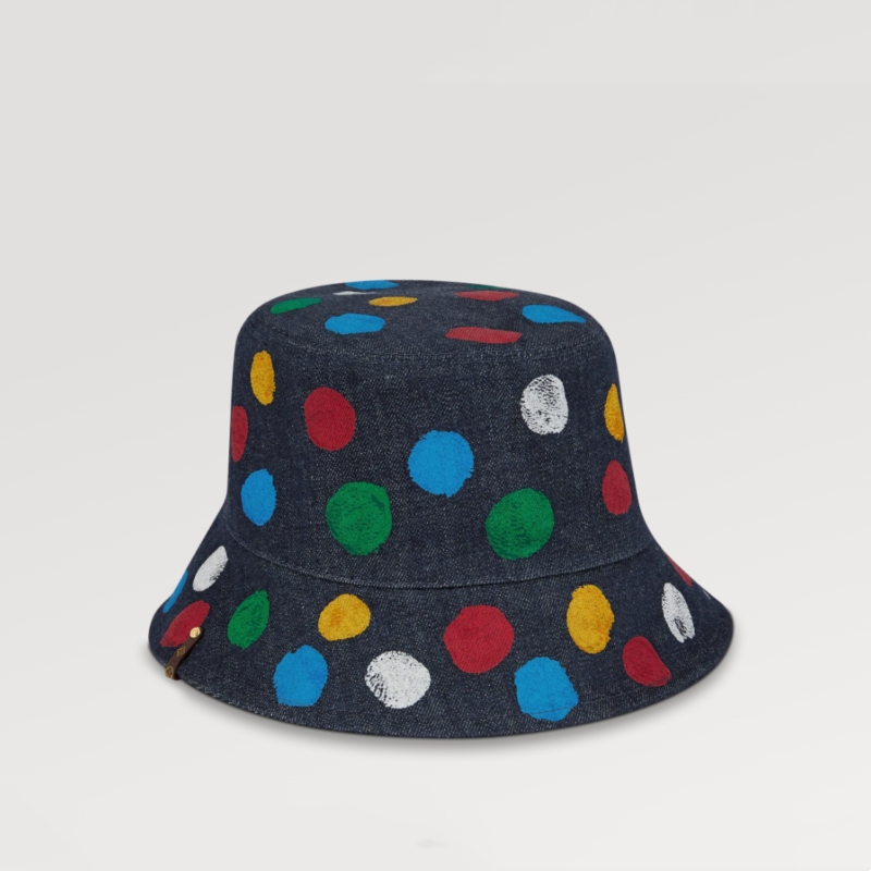 

Explosion men's women's Reversible Painted Dots Bucket Hat M7083S multicolored dots blue denim Embroidered signature verso side Canvas tag with rivet with box