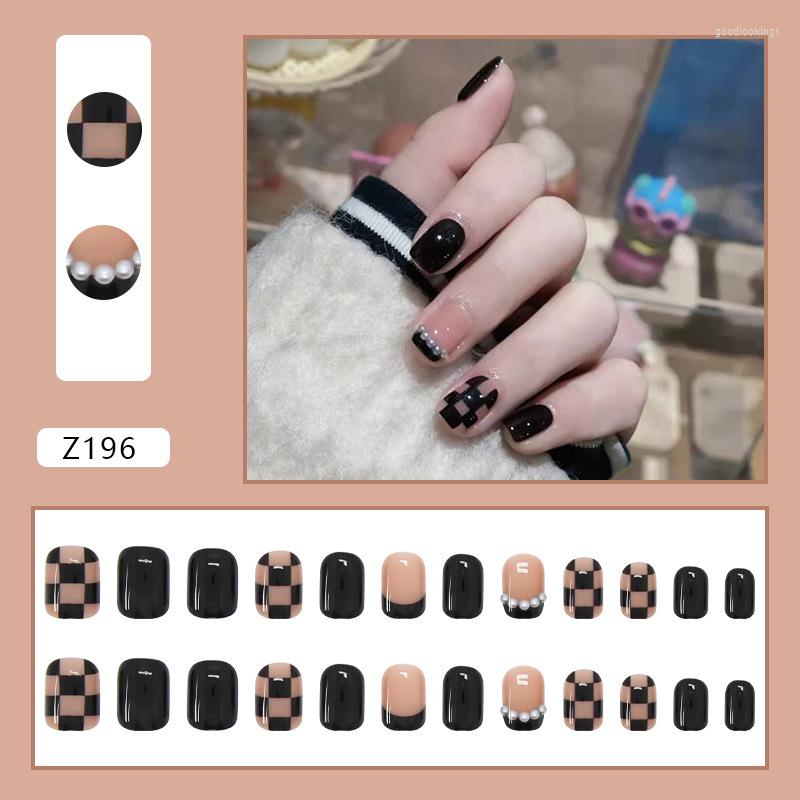 

False Nails 24pcs/box Fake Press On Short Reusable Set Black Checkerboard Artificial Pink Tipsy Stick-on Tips Art