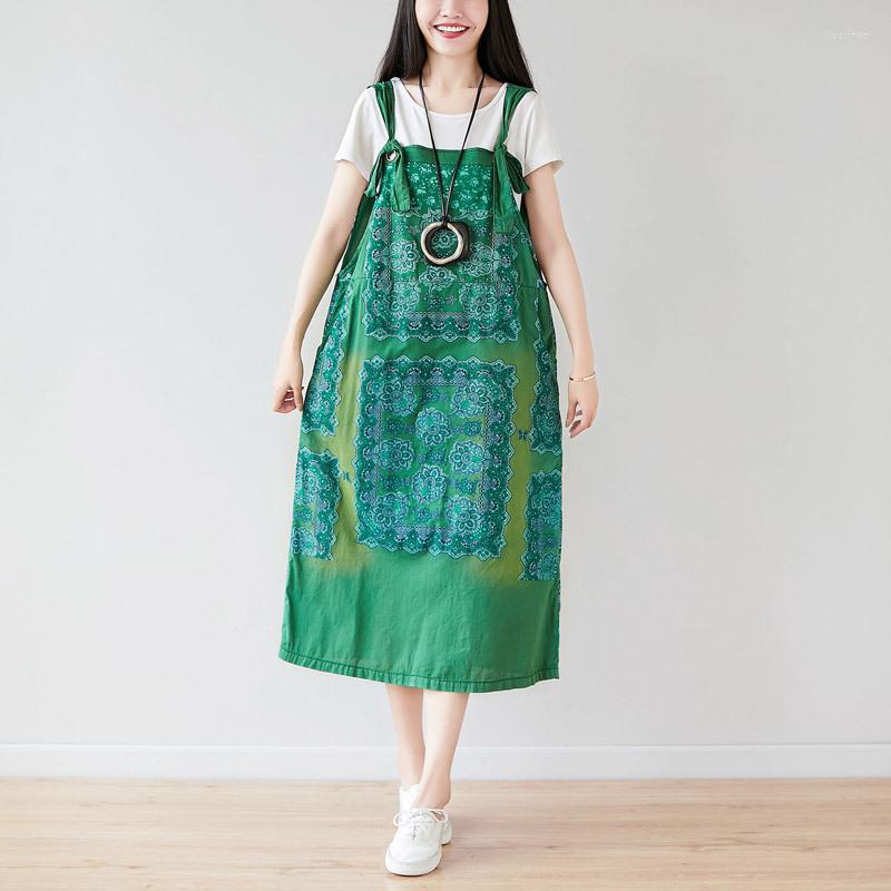 

Casual Dresses Cute Loose Vintage Printed Suspenders Dress Bib Overalls Pockets Baggy Bleached Vestidos, Green