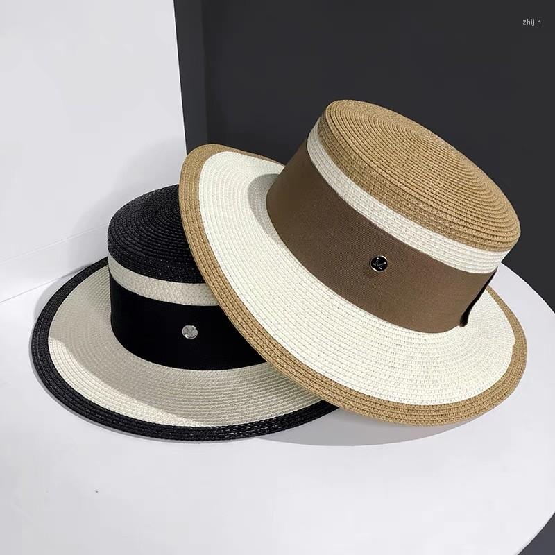 

Wide Brim Hats Piece Color Small Fragrant Wind England Flat Top Straw Hat Female Summer Fresh Tour Sun Korean Version Of The Hundred, Pink