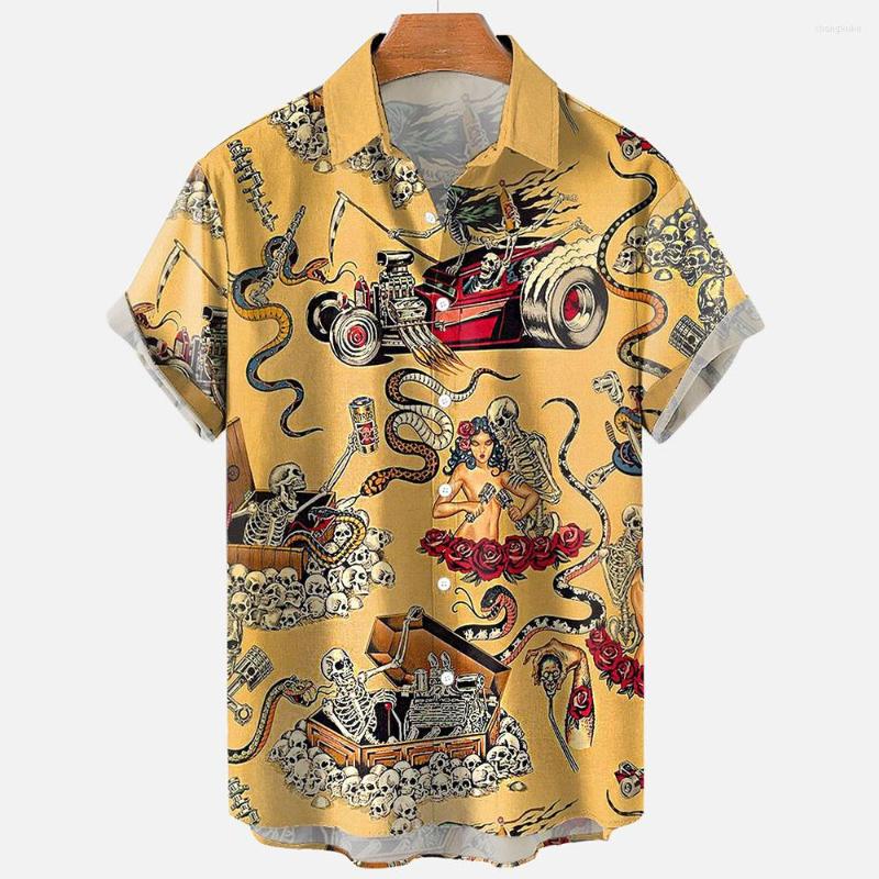 

Men's Casual Shirts 2023 Men's Shirt Fashion Loose Short Sleeves Skull Mayan Totem D Hawaiian Male Clothing, Ofsx-01922