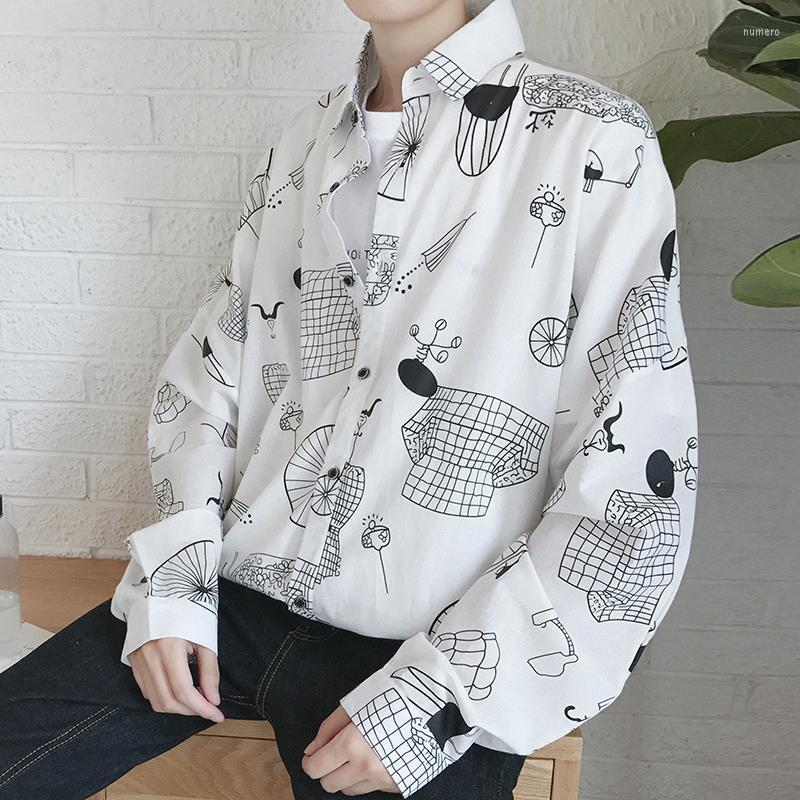 

Men's Casual Shirts Summer Korea Sunshine Boy Preppy Gentle Juvenile Graffiti Style Printed Shirt Retro Elegant Man Harajuku Street Loose, A1