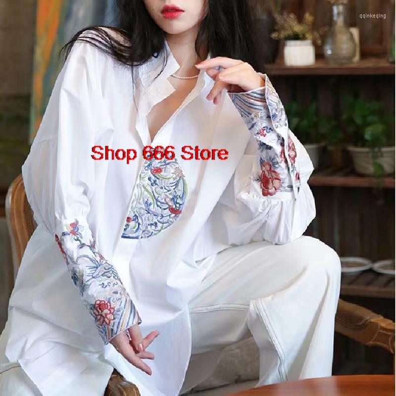 

Ethnic Clothing Summer Autumn China Style RetroTops Chinese Traditional Shirts Tang Suit Hanfu Women Embroidery White T-shirt