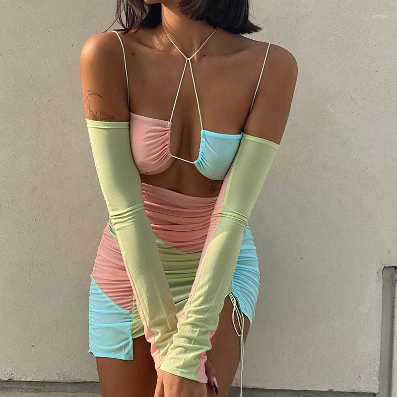 

Casual Dresses Mesh Stitching Wrap Chest Halter Neck Suspenders Slim Pleated Dress Women' Summer 2023 Color Matching Backless Sexy, Pink