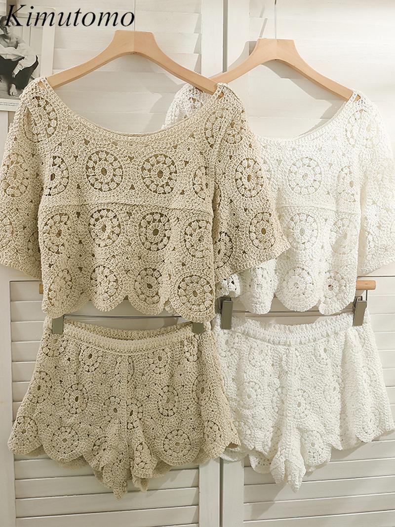 

Dress Kimutomo Vintage Knitting Two Pieces Suit Hollow Thin Slash Neck Short Sleeve Shirt High Waist Wavy Shorts Set Summer 2022 Ins, White